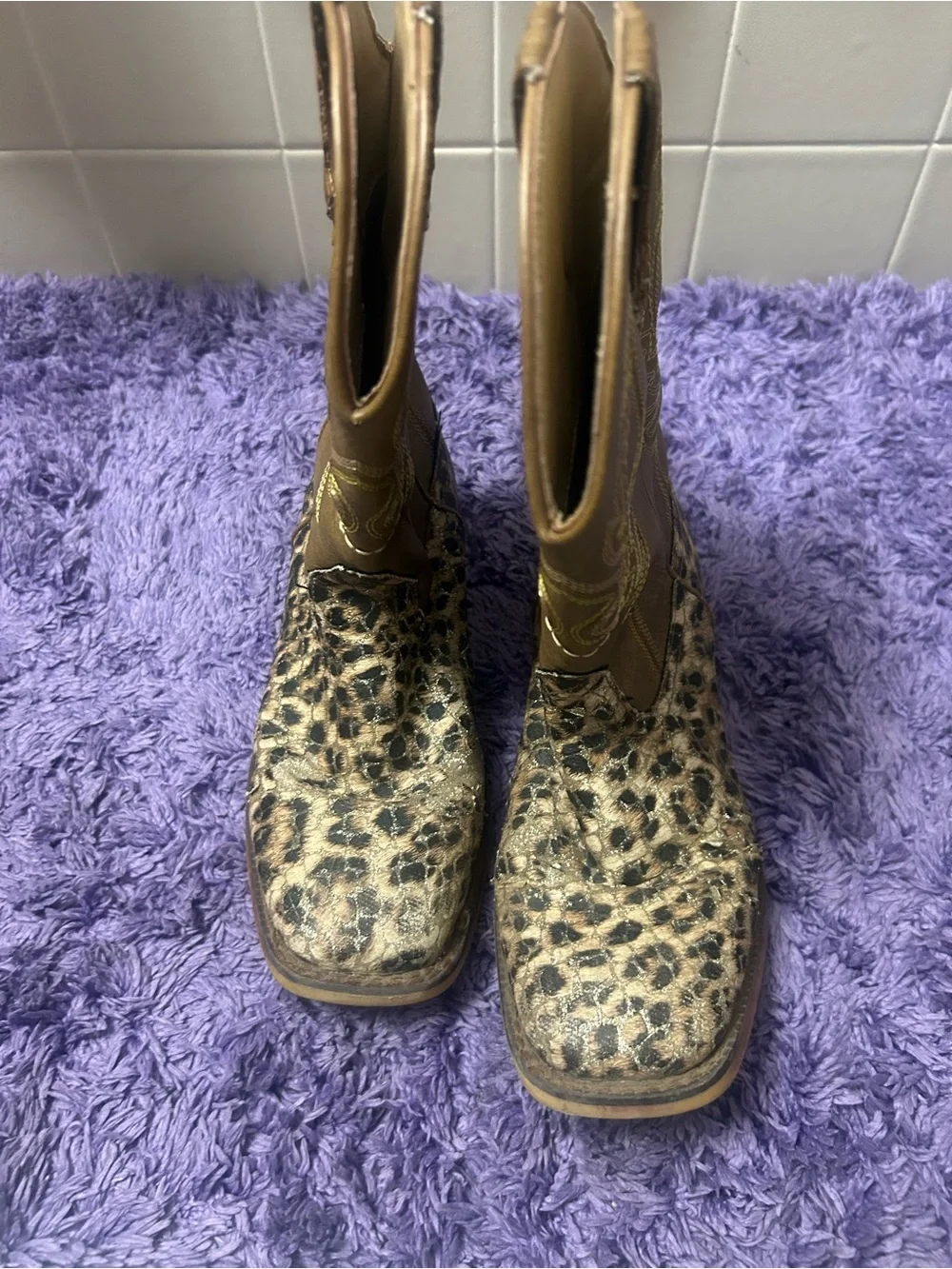 Roper Brown and Leopard w/Gold Glitter Wide Square Toe Little Kids Cowboy Boots